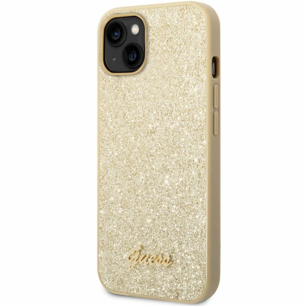 Guess PC/TPU Glitter Flakes Metal Logo Arany iPhone 14 Tok