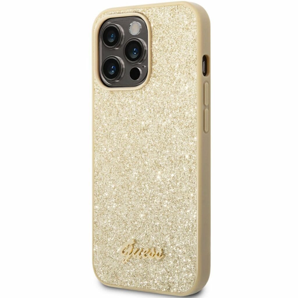 Guess PC/TPU Glitter Flakes Metal Logo Arany iPhone 14 Pro Tok
