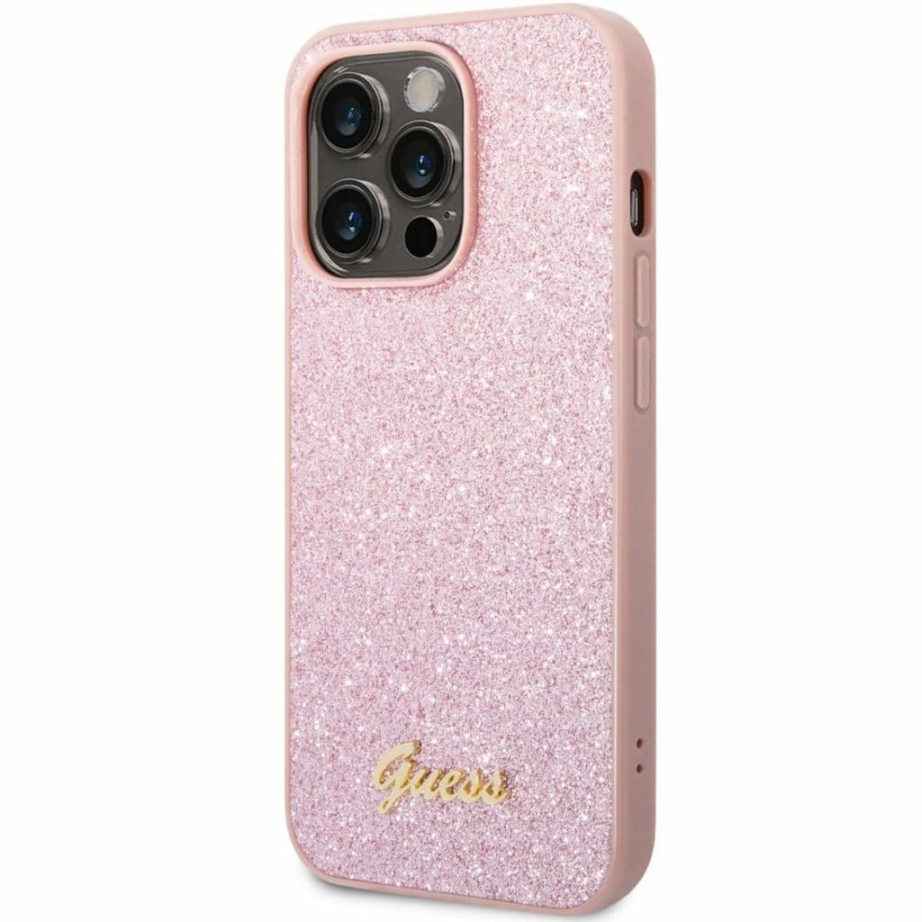 Guess PC/TPU Glitter Flakes Metal Logo Rózsaszín iPhone 14 Tok