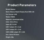 Baseus Autó Töltő 2x USB 4.8A 24W LCD Gray (CCBX-0G)