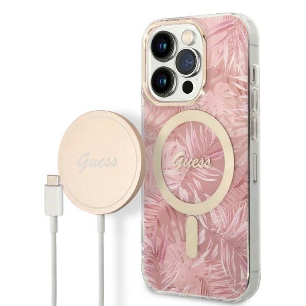 Guess GUBPP14LHJEACSP Pink Jungle MagSafe iPhone 14 Pro Tok + Töltő