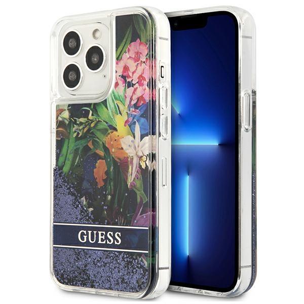 Guess GUHCP13LLFLSB Blue Flower Liquid Glitter iPhone 13 Pro Tok