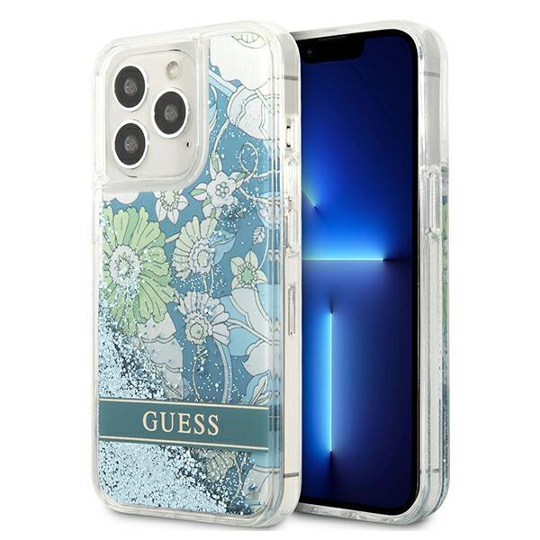 Guess GUHCP13LLFLSN Green Flower Liquid Glitter iPhone 13 Pro Tok