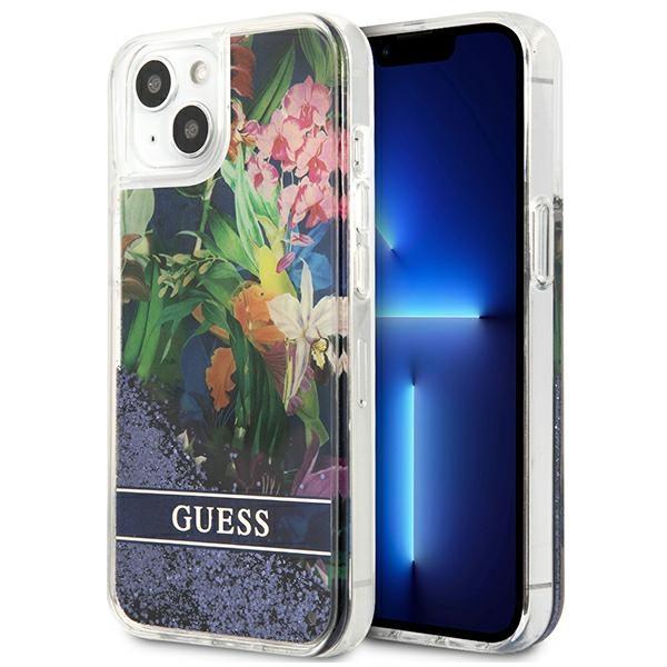 Guess GUHCP13SLFLSB Blue Flower Liquid Glitter iPhone 13 Mini Tok
