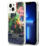 Guess GUHCP14MLFLSB Blue Flower Liquid Glitter iPhone 14 Plus Tok