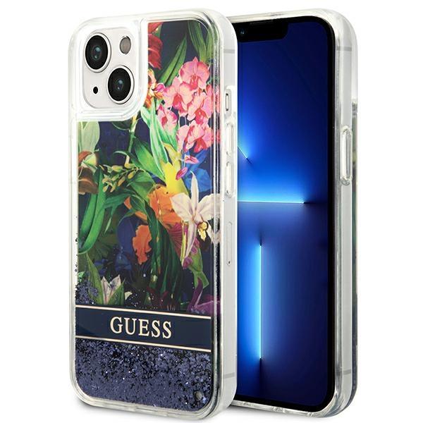 Guess GUHCP14MLFLSB Blue Flower Liquid Glitter iPhone 14 Plus Tok