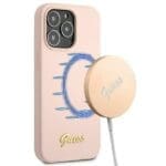 Guess GUHMP13LLSLMGLP Light Pink Silicone Script Gold Logo Magsafe iPhone 13 Pro Tok