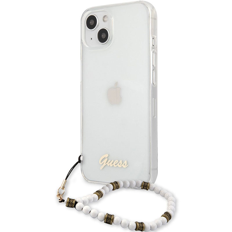 Guess PC Script and Fehér Pearls Transparent iPhone 13 Mini Tok