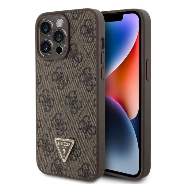 Guess PU 4G Strass Triangle Metal Logo Brown iPhone 15 Pro Max Tok