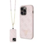 Guess PU 4G Strass Triangle Metal Logo Pink Crossbody Strap + iPhone 15 Pro Tok