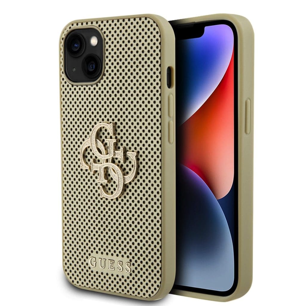 Guess PU Perforated 4G Glitter Metal Logo Gold iPhone 15 Tok