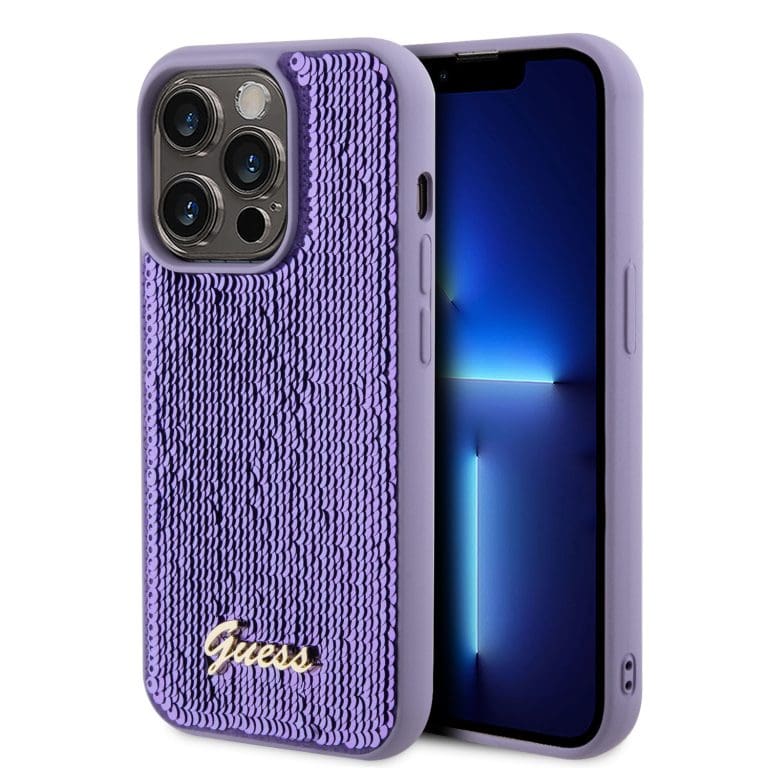 Guess Sequin Script Logo Purple iPhone 15 Pro Max Tok