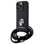 Karl Lagerfeld KLHCP15LSAKCPSK Hardcase Black Crossbody Saffiano Metal Pin Karl & Choupette iPhone 15 Pro Tok