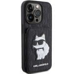 Karl Lagerfeld KLHCP15XSAKCNSCK Black Hardcase Saffiano Cardslots and Stand Monogram Choupette iPhone 15 Pro Max Tok