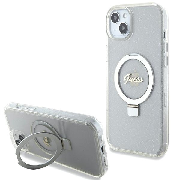 Guess GUHMP15MHRSGSD Transparent Hardcase Ring Stand Script Glitter MagSafe iPhone 15 Plus Tok