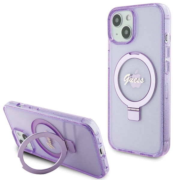 Guess GUHMP15MHRSGSU Purple Hardcase Ring Stand Script Glitter MagSafe iPhone 15 Plus Tok