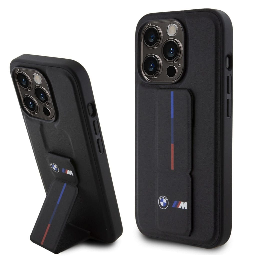 BMW M Collection PU Grip Stand Tricolor Line Black iPhone 15 Pro Max Tok