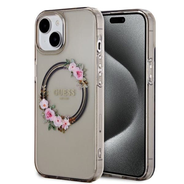 Guess PC/TPU Flowers Ring Glossy Logo MagSafe Black iPhone 15 Tok