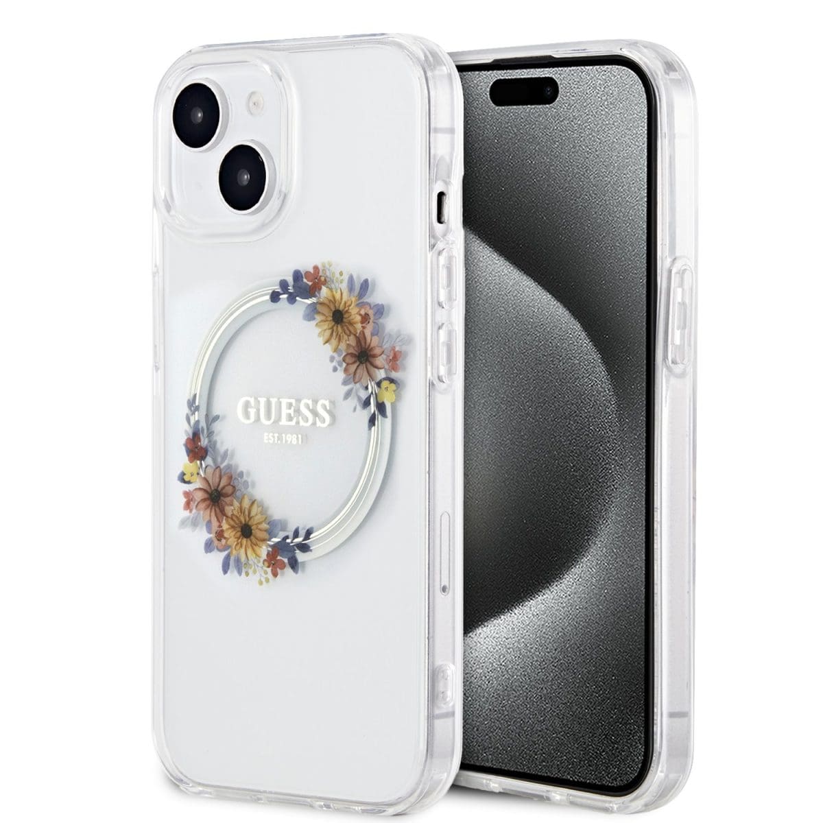 Guess PC/TPU Flowers Ring Glossy Logo MagSafe Transparent iPhone 15 Tok