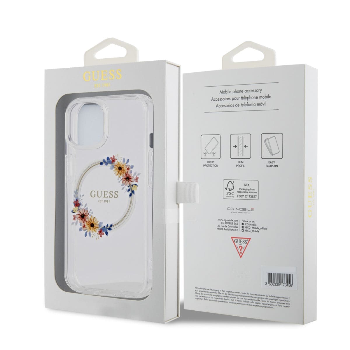 Guess PC/TPU Flowers Ring Glossy Logo MagSafe Transparent iPhone 15 Tok