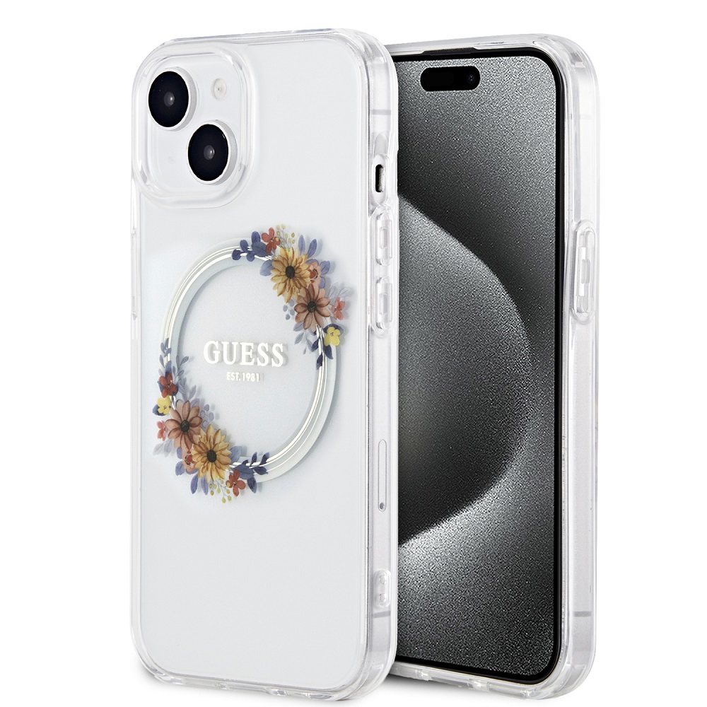 Guess PC/TPU Flowers Ring Glossy Logo MagSafe Transparent iPhone 15 Plus Tok