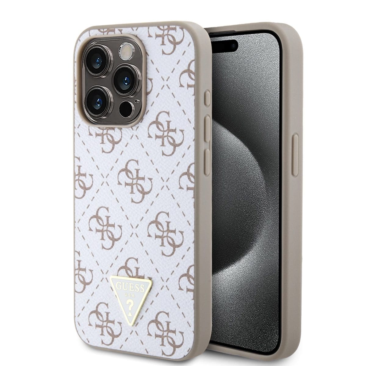 Guess PU Leather 4G Triangle Metal Logo White iPhone 15 Pro Tok