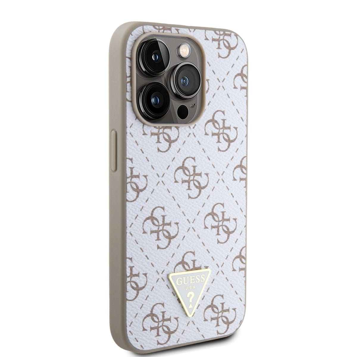 Guess PU Leather 4G Triangle Metal Logo White iPhone 15 Pro Tok