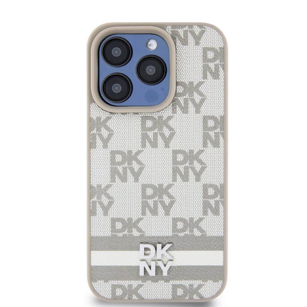 DKNY PU Leather Checkered Pattern and Stripe Beige iPhone 13 Pro Max Tok