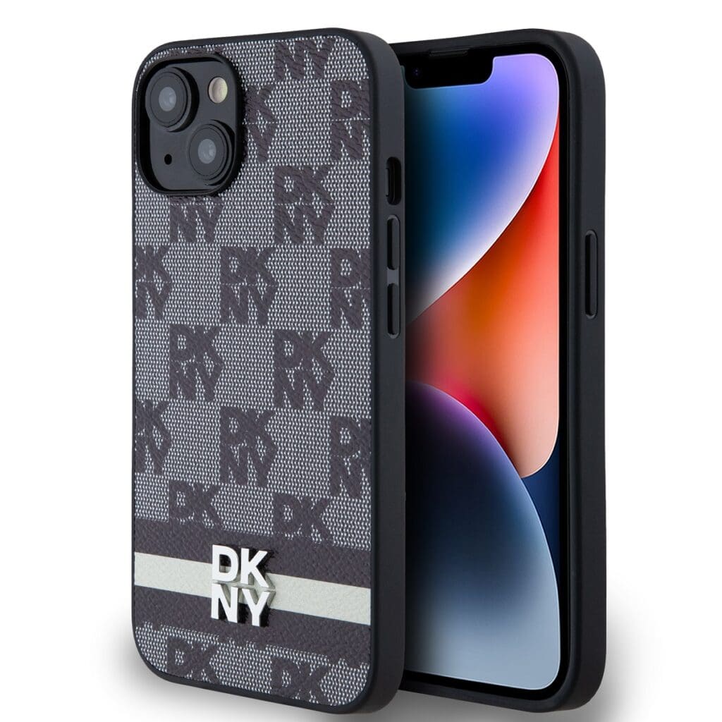 DKNY PU Leather Checkered Pattern and Stripe Black iPhone 13 Tok