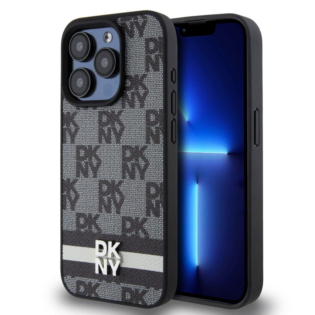 DKNY PU Leather Checkered Pattern and Stripe Black iPhone 14 Pro Tok