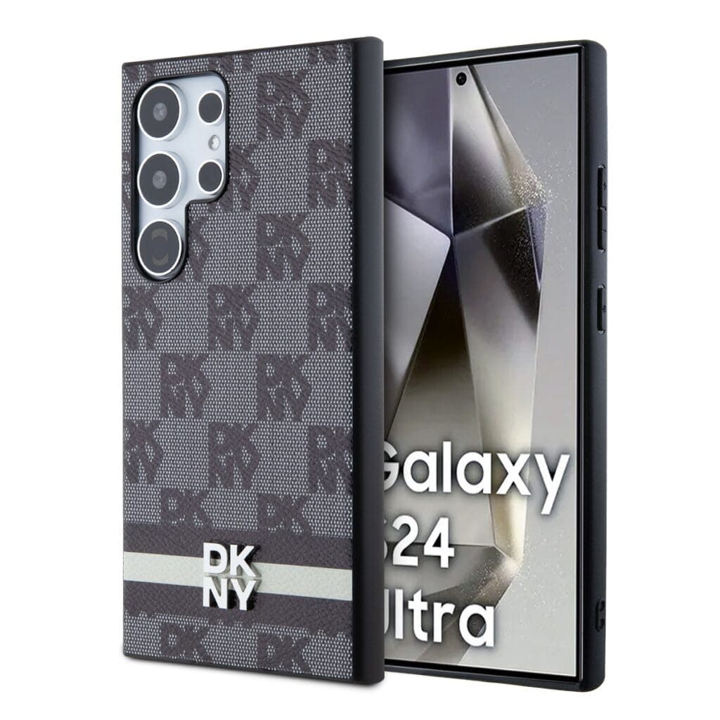 DKNY PU Leather Checkered Pattern and Stripe Black Samsung Galaxy S24 Ultra Tok