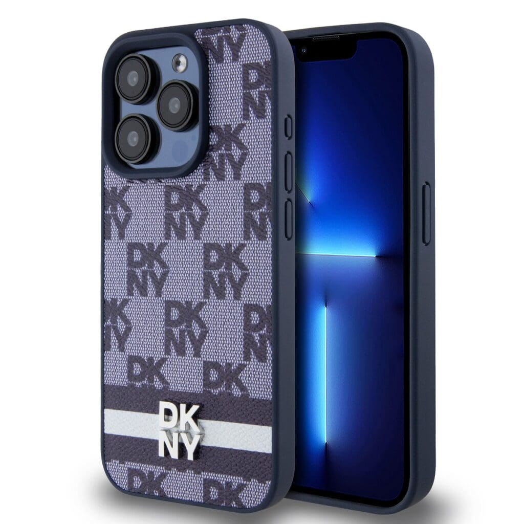 DKNY PU Leather Checkered Pattern and Stripe Blue iPhone 15 Pro Max Tok