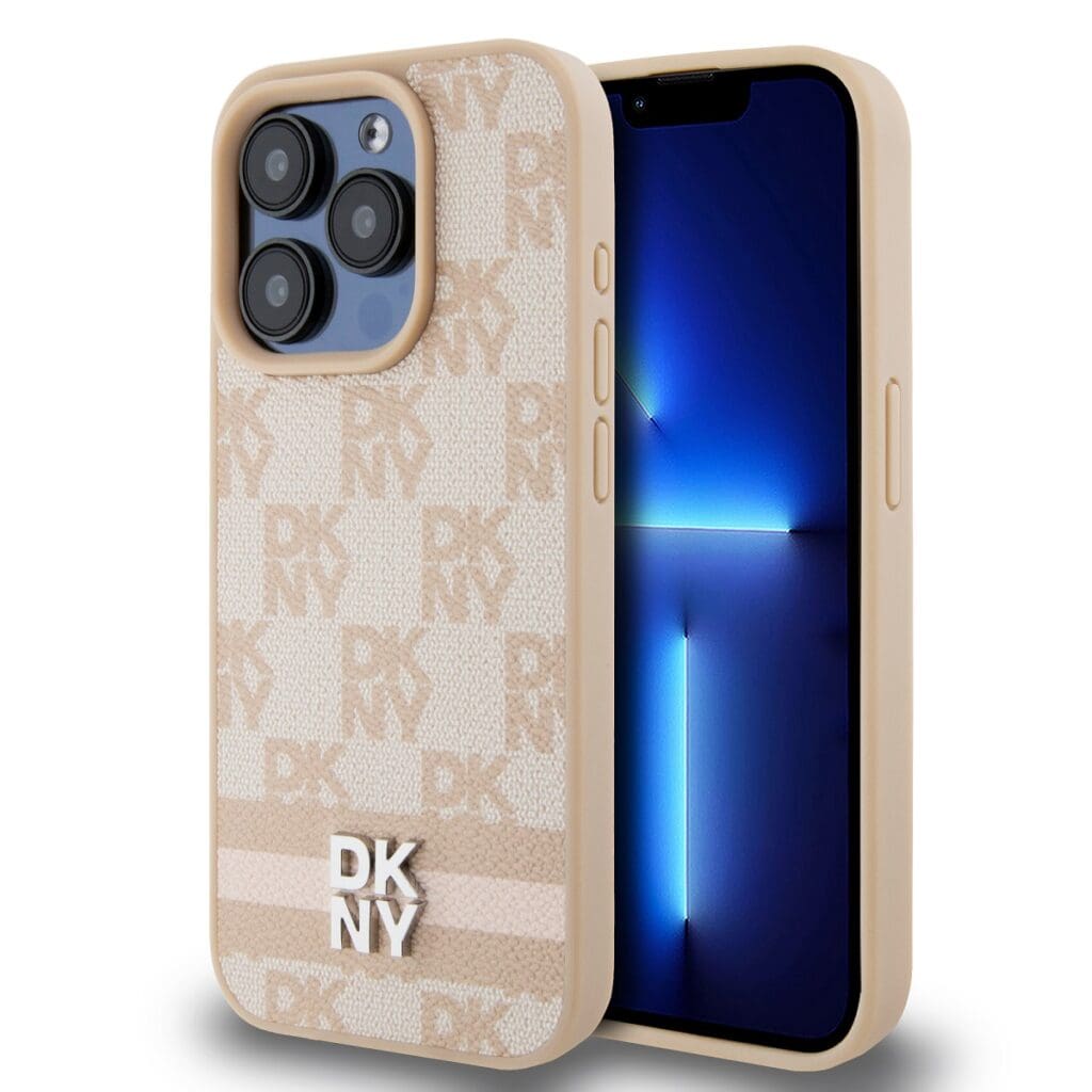 DKNY PU Leather Checkered Pattern and Stripe Pink iPhone 13 Pro Tok