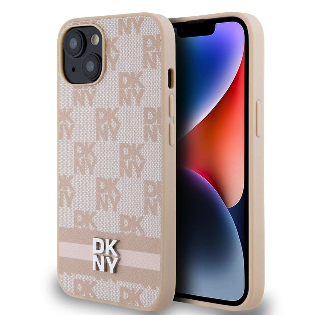 DKNY PU Leather Checkered Pattern and Stripe Pink iPhone 13 Tok