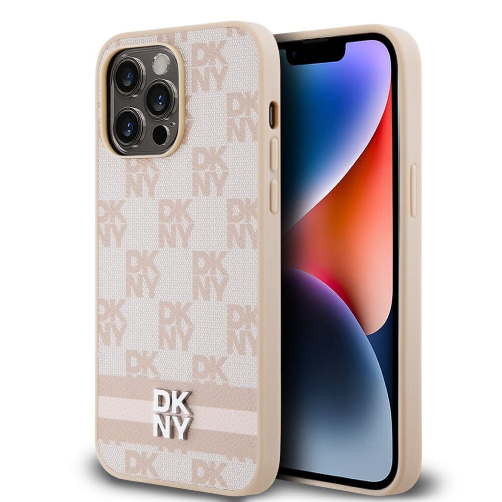 DKNY PU Leather Checkered Pattern and Stripe Pink iPhone 15 Pro Max Tok