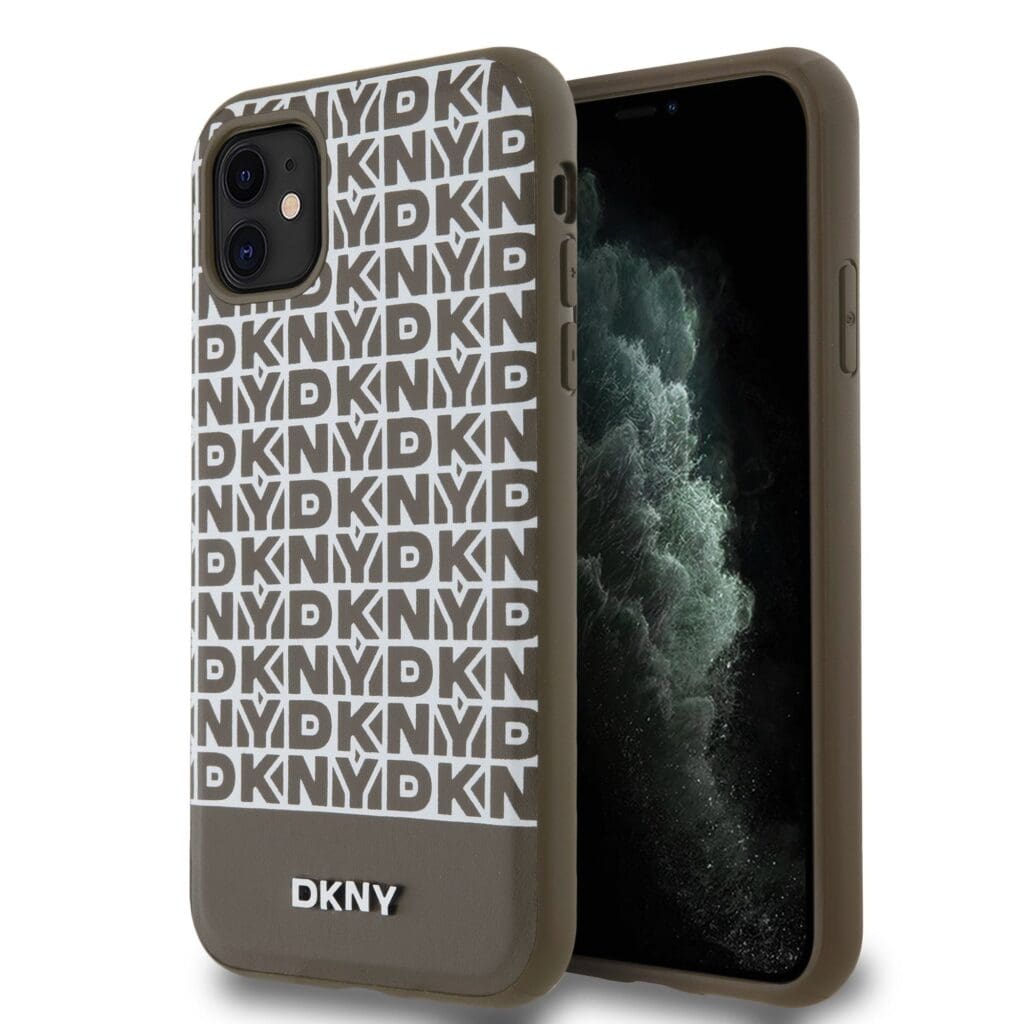 DKNY PU Leather Repeat Pattern Bottom Stripe MagSafe Brown iPhone 11 Tok