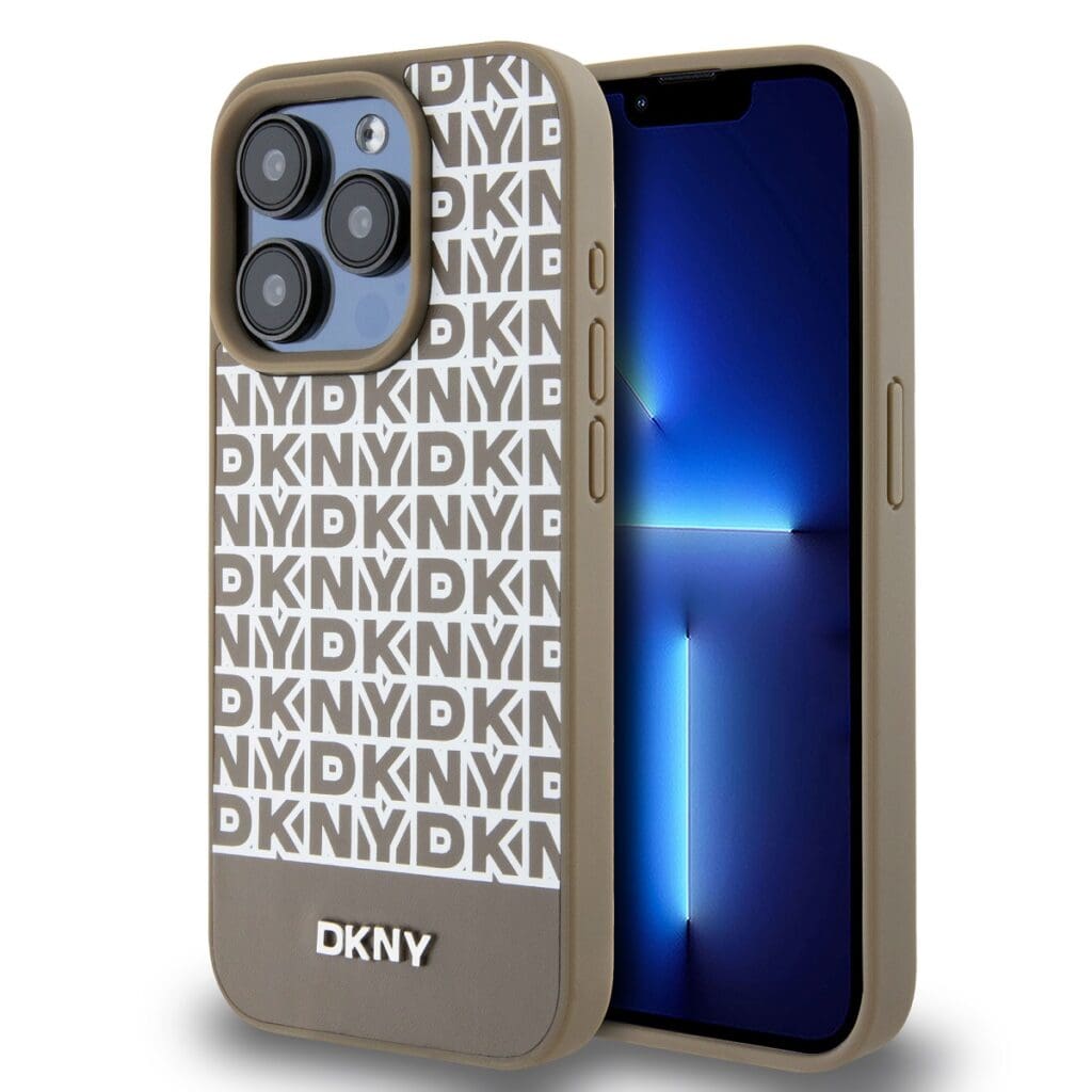 DKNY PU Leather Repeat Pattern Bottom Stripe MagSafe Brown iPhone 15 Pro Max Tok