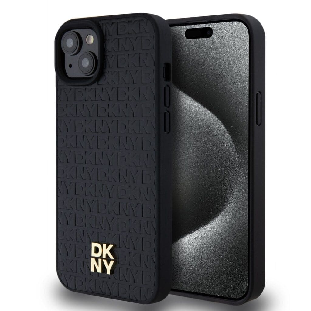 DKNY PU Leather Repeat Pattern Stack Logo MagSafe Black iPhone 15 Plus Tok