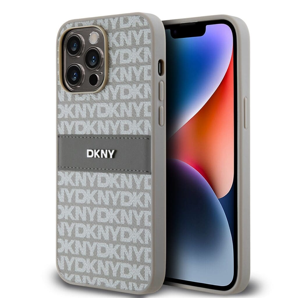 DKNY PU Leather Repeat Pattern Tonal Stripe Beige iPhone 15 Pro Max Tok