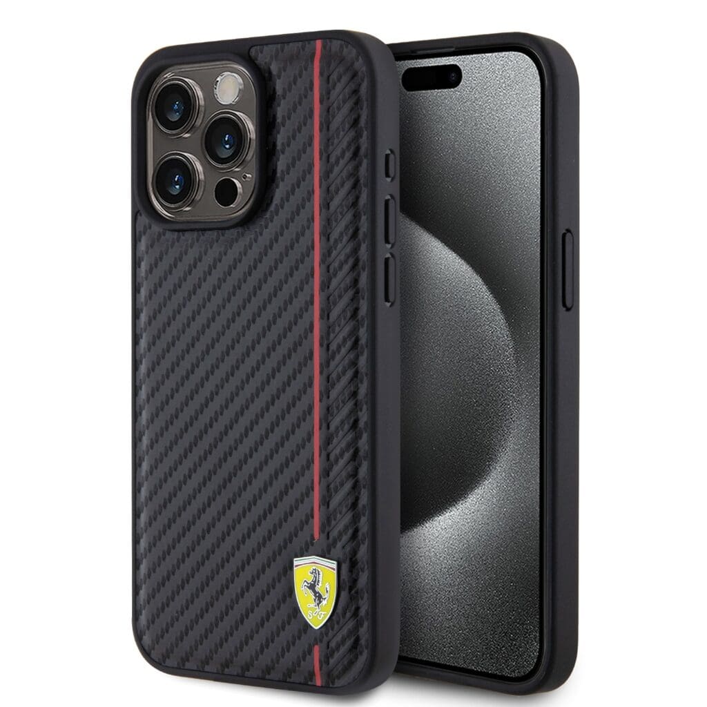 Ferrari PU Leather Carbon Vertical Red Line Black iPhone 15 Pro Max Tok