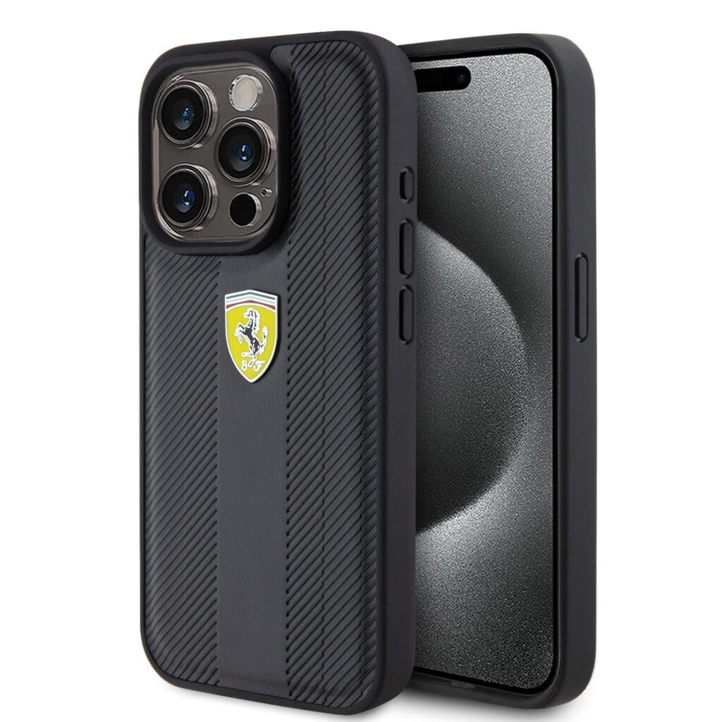 Ferrari PU Leather Hot Stamp Groove Pattern Black iPhone 15 Pro Tok