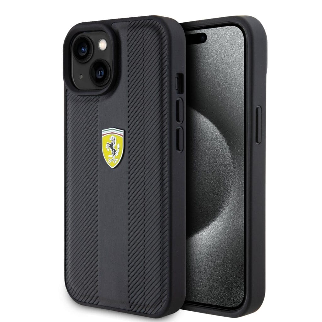 Ferrari PU Leather Hot Stamp Groove Pattern Black iPhone 15 Tok