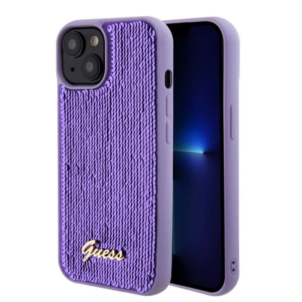 Guess Sequin Script Logo Purple iPhone 15 Plus Tok