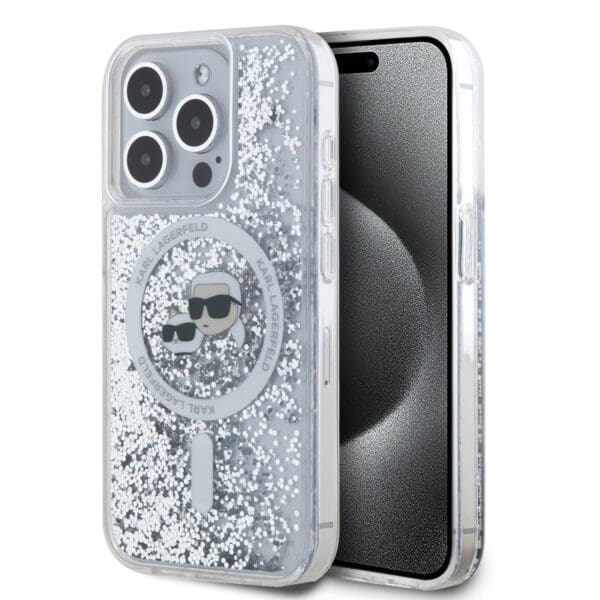 Karl Lagerfeld Liquid Glitter Karl and Choupette Heads MagSafe Transparent iPhone 15 Pro Tok