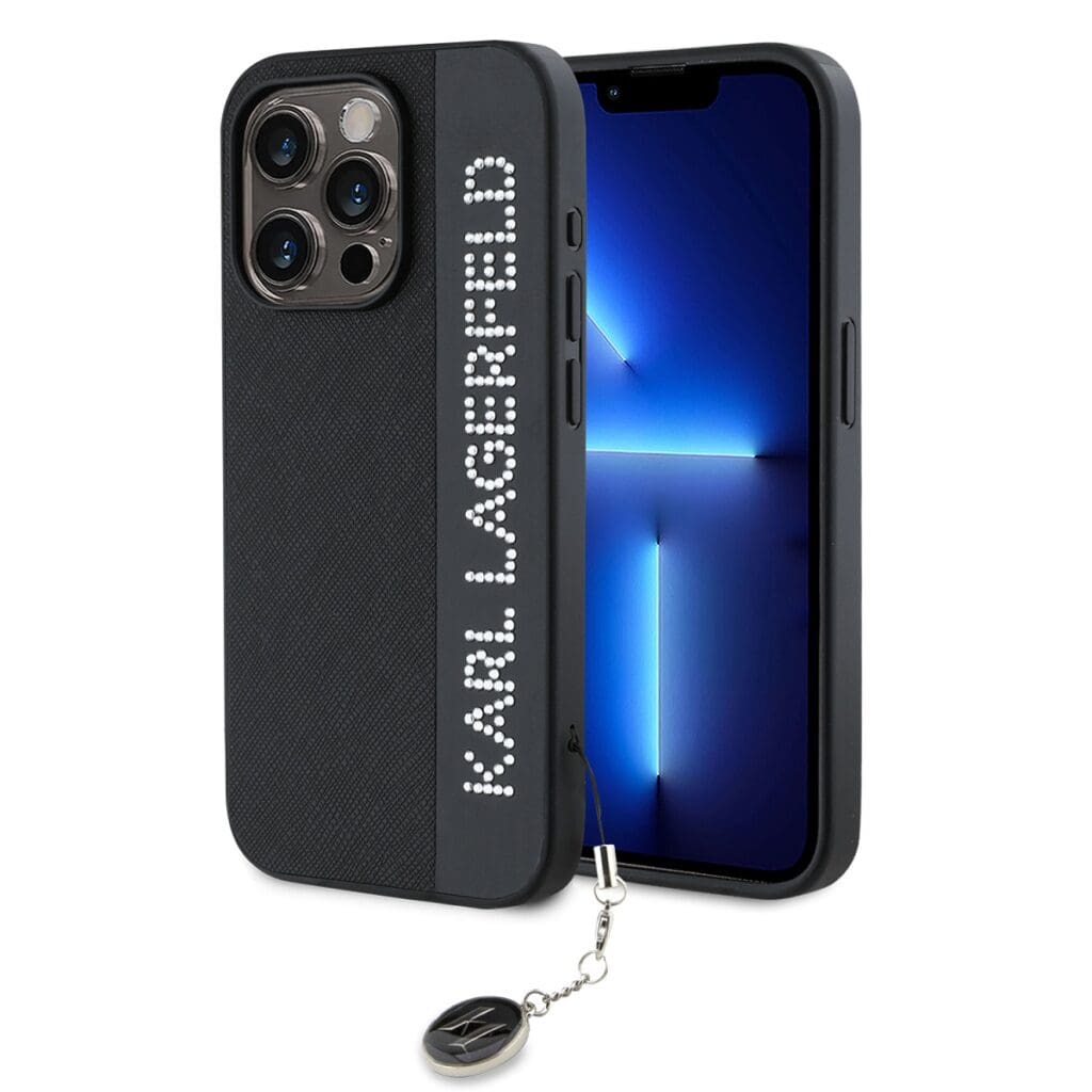 Karl Lagerfeld PU Saffiano Rhinestone Charm Black iPhone 15 Pro Max Tok