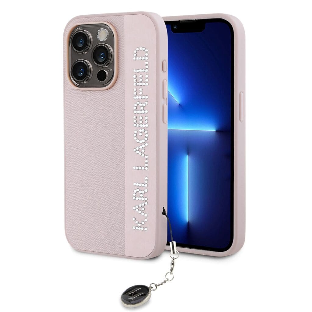 Karl Lagerfeld PU Saffiano Rhinestone Charm Pink iPhone 15 Pro Max Tok