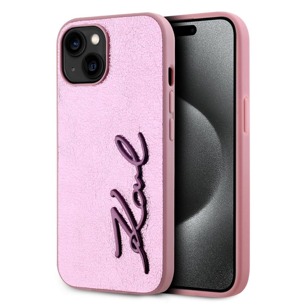 Karl Lagerfeld Wrinkled PU Signature Logo Pink iPhone 15 Tok