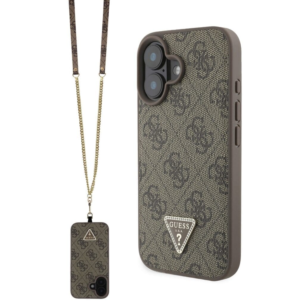 Guess PU 4G Strass Triangle Metal Logo + Crossbody Brown iPhone 16 Tok