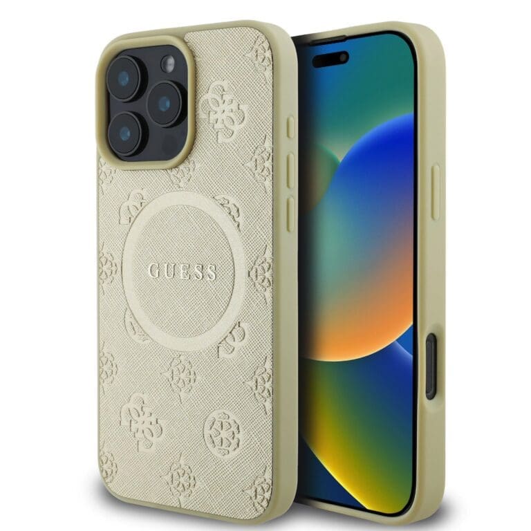 Guess Saffiano Peony Stamp MagSafe Gold iPhone 16 Pro Max Tok