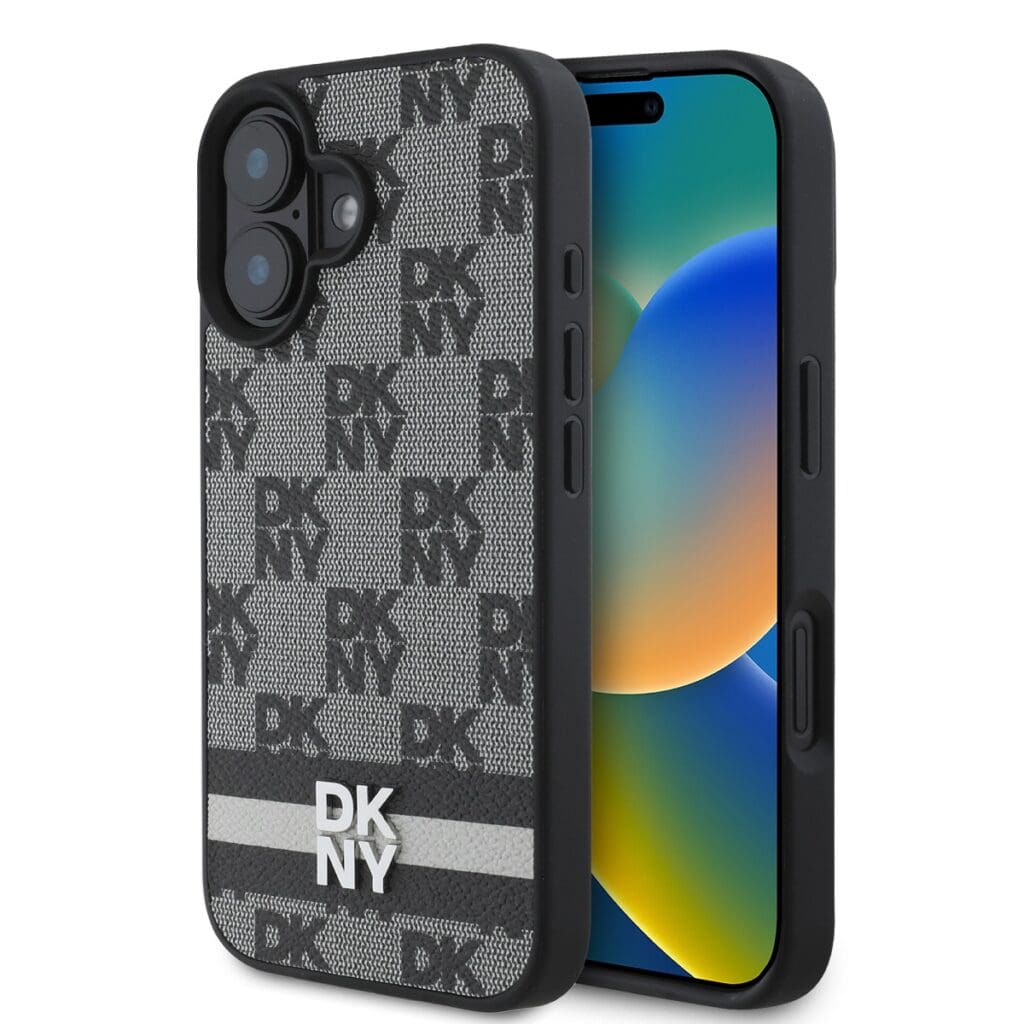 DKNY PU Leather Checkered Pattern and Stripe Black iPhone 16 Tok
